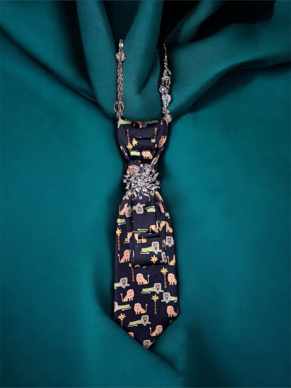 Navy Novelty Tie with Animal Motif and Rhinestone Accent